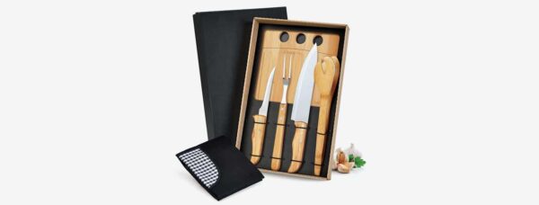 CHU 1442 - Kit Para Churrasco Em Bambu Inox Com Avental E Tábua 3 Furos