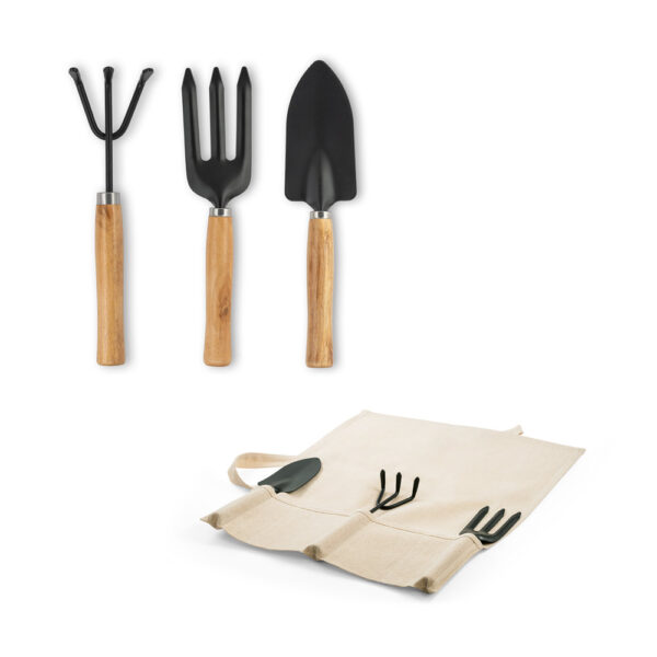 CJ 9129 - Conjunto de jardinagem com 3 ferramentas em metal e madeira de eucalipto