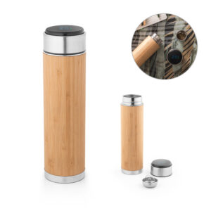 GA 4296 - Garrafa em aço inox e bambu de parede dupla térmica, isolada a vácuo com termómetro digital 430 mL