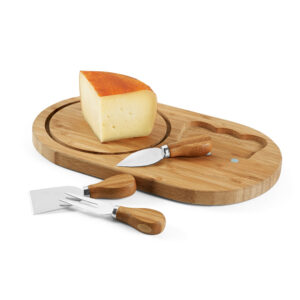 KIT 1071 - Tábua de queijos em bambu com 3 talheres em aço inox